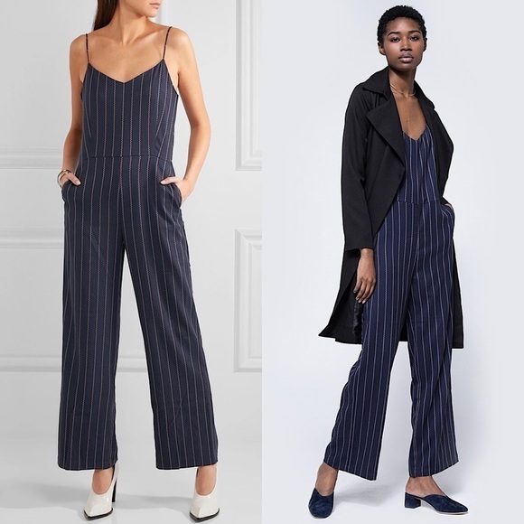 GANNI 70s Wide Leg Sleeveless V-Neck Zigzag Stripe Navy Twill Jumpsuit Overall S - Picture 1 of 9